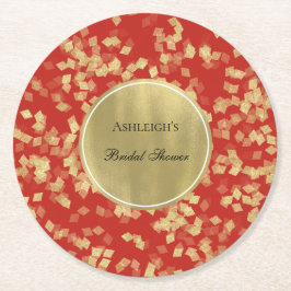 Red Gold Glam Confetti Brautparty Runder Pappuntersetzer