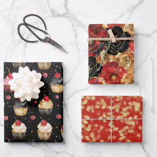 Red Gold Glam Cupcakes Blume Geburtstag Geschenkpapier Set