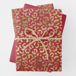 Red Gold Glam Leopard Print Geschenkpapier Set