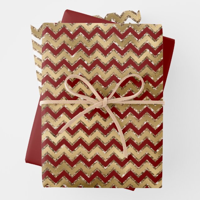 Red Gold Glam Zigzag Streifen Weihnachten Geschenkpapier Set (Beispiel)