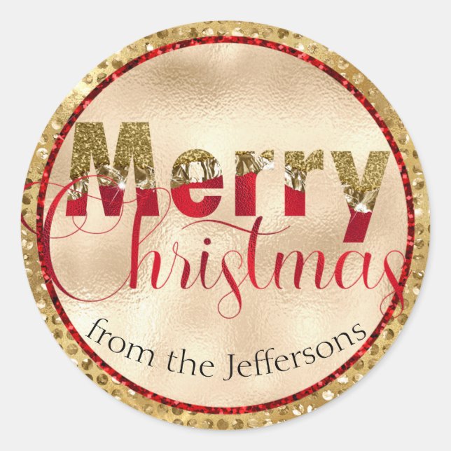 Red & Gold Glamour Frohe Weihnachten Runder Aufkleber (Vorderseite)