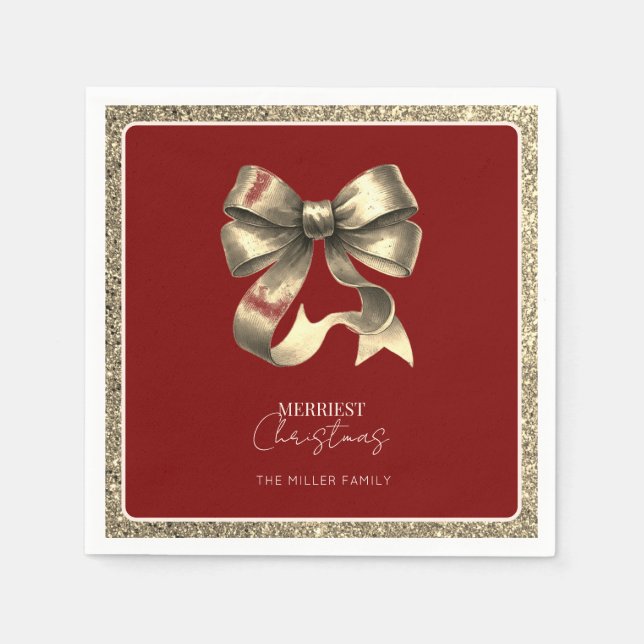 Red Gold Glitter Bow Weihnachtsbuch Napkin Serviette (Vorderseite)