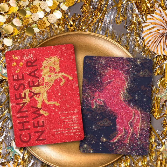 Red Gold Glitter Horse Lunar New Year Party Einladung (Von Creator hochgeladen)
