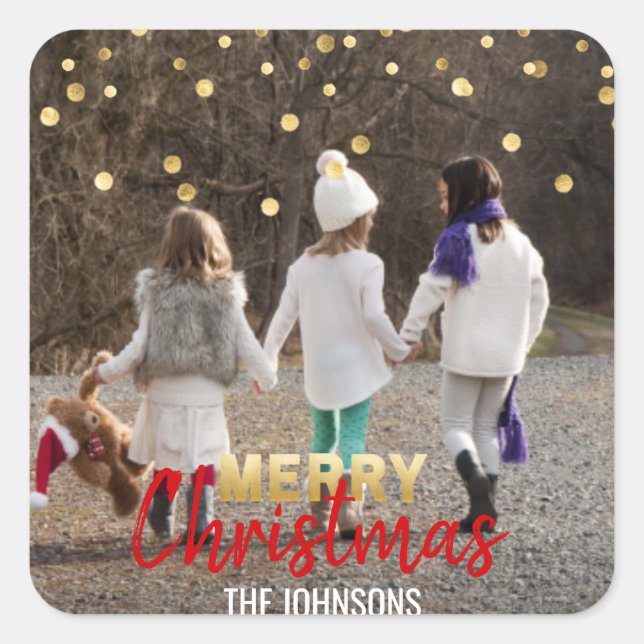 RED Gold Glitzer Confetti Frohe Weihnachten | FOTO Quadratischer Aufkleber (Vorderseite)