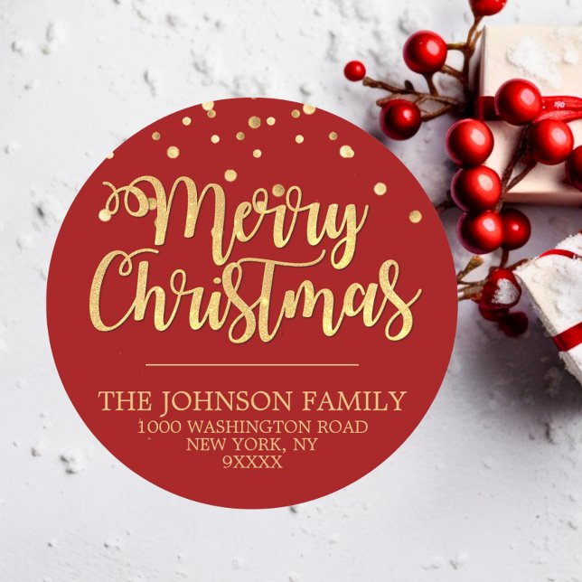 RED Gold Glitzer Confetti Frohe Weihnachtsadresse Runder Aufkleber (RED Gold Glitter Confetti Merry Christmas Address Classic Round Sticker)