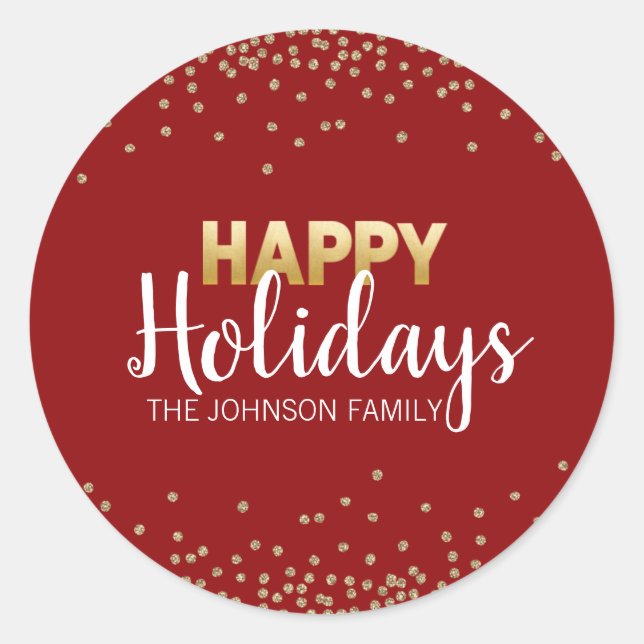 RED Gold Glitzer Confetti Xmas Happy FERIEN Runder Aufkleber (Vorderseite)