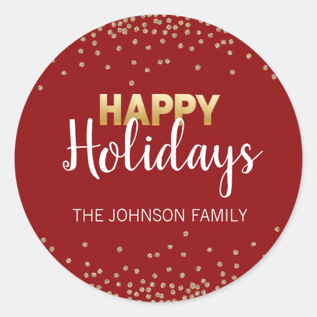 RED Gold Glitzer Confetti Xmas Happy FERIEN Runder Aufkleber (Vorderseite)