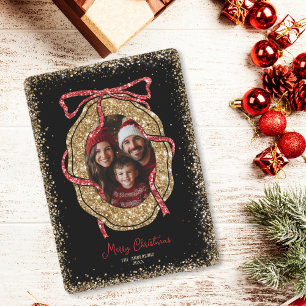 Red Gold Glitzer Frohe Weihnachten Familie Foto Einladung