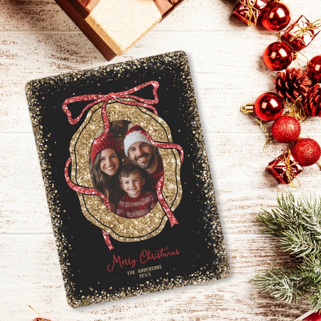 Red Gold Glitzer Frohe Weihnachten Familie Foto Einladung (red and gold glitter bow photo frame christmas card)
