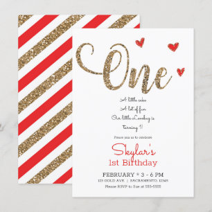 Red & Gold Glitzer Hearts 1. Geburtstag Eins Invit Einladung