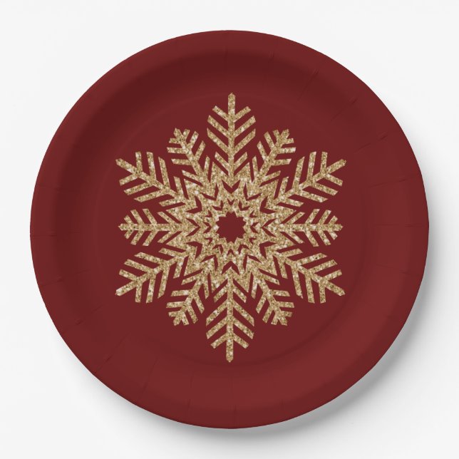 Red Gold Glitzer Snowflake Pappteller (Vorderseite)