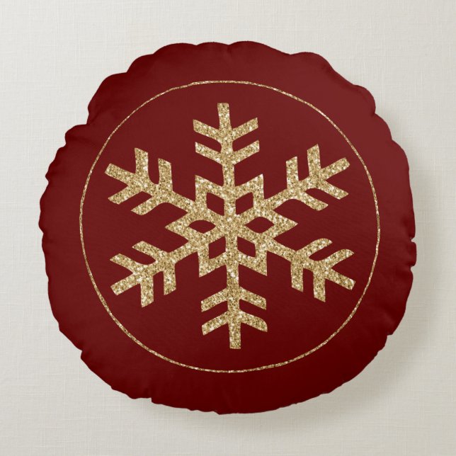 Red Gold Glitzer Snowflake Rundes Kissen (Vorderseite)