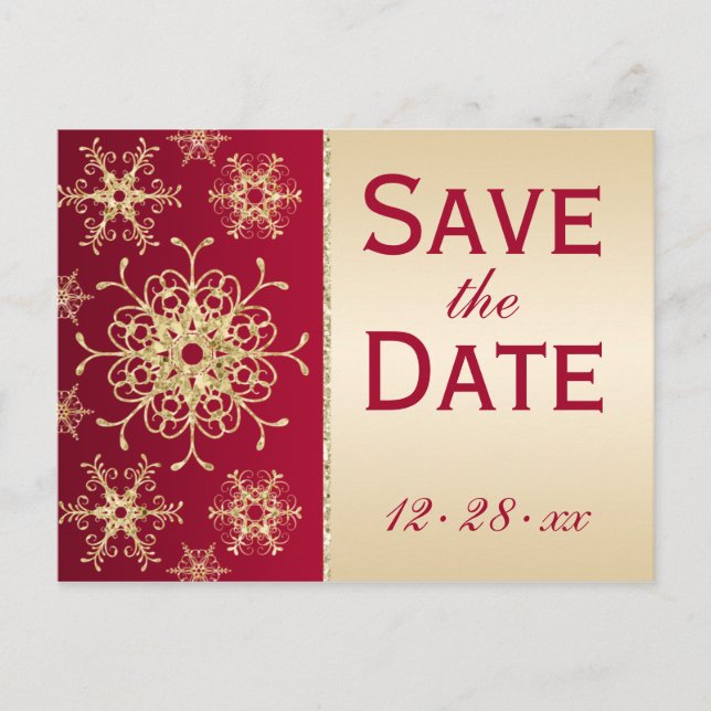 Red Gold Glitzer Snowflakes Save the Date Postkart Ankündigungspostkarte (Vorderseite)