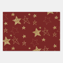 Red Gold Glitzer Stars Geschenkpapier Set