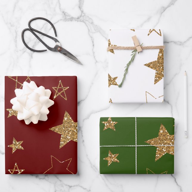 Red Gold Glitzer Stars Geschenkpapier Set (Vorderseite)