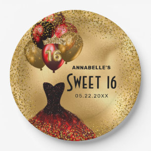Red Gold Glitzer Sweet 16 Pappteller