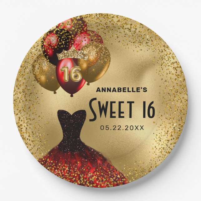 Red Gold Glitzer Sweet 16 Pappteller (Vorderseite)