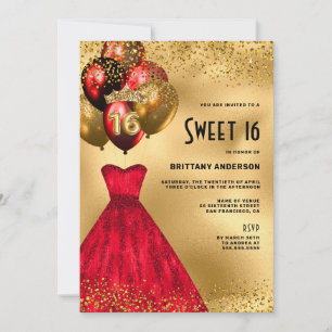 Red Gold Glitzer Tiara Dress Sweet 16 Geburtstag Einladung