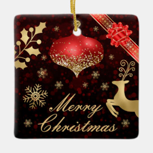 Red & Gold Glitzer Weihnachtsbaum und Ribbon Keramikornament