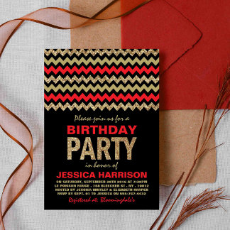 Red & Gold Glitzer Zickzack Geburtstagsparty Einladung