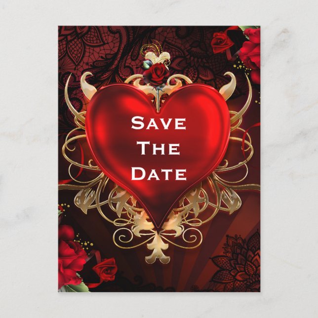 Red & Gold Gothic Liebe Heart Wedding Save the Dat Ankündigungspostkarte (Vorderseite)
