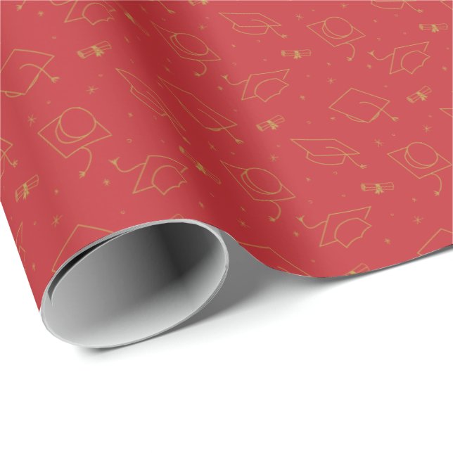 Red & Gold Graduation Cap Toss Wrapping Paper Geschenkpapier (Rolleneckpunkt)