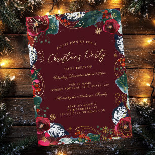 Red Gold Green Floral Swirt Weihnachtsfest Party Folieneinladung