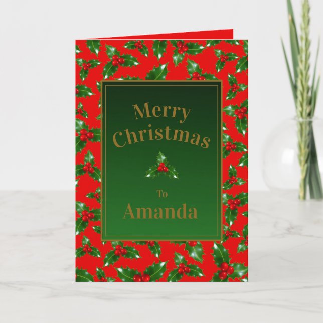 Red Gold Green Holly Berry Pattern - Personalisier Karte (Vorderseite)