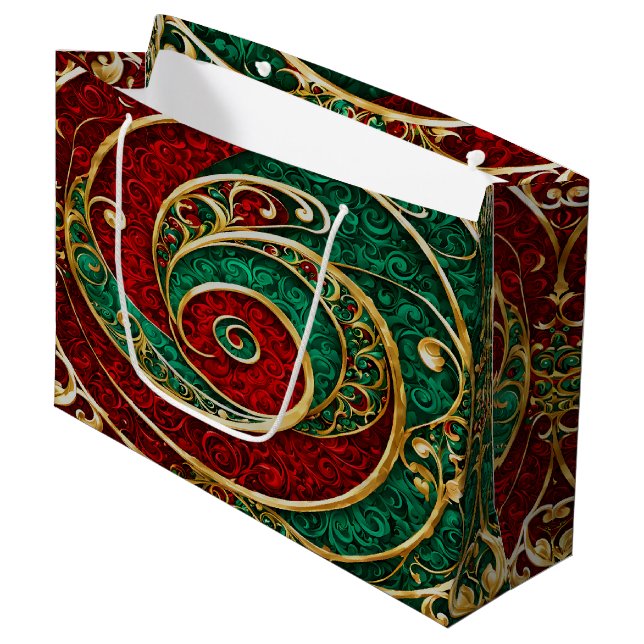 Red Gold Green Weihnachtsgeschenktasche Große Geschenktüte (Vorderseite Schrägansicht)