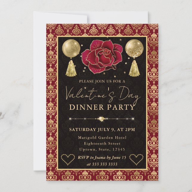 Red & Gold Heart Damask & Rose Valentine's Dinner Einladung (Vorderseite)
