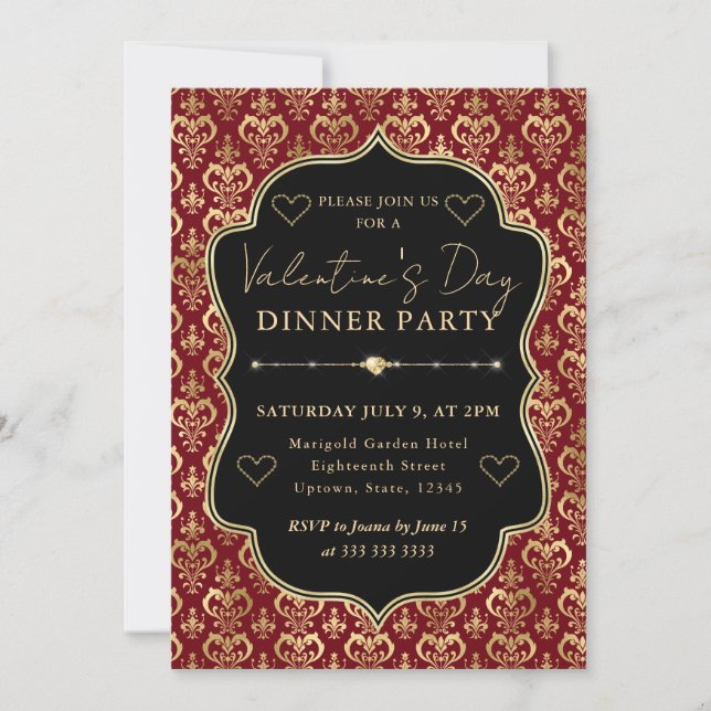 Red & Gold Heart Damask Valentine's Dinner Party Einladung (Vorderseite)