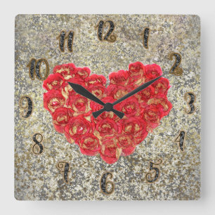 Red & Gold Heart Glam Rustic Love Rustic Valentine Quadratische Wanduhr