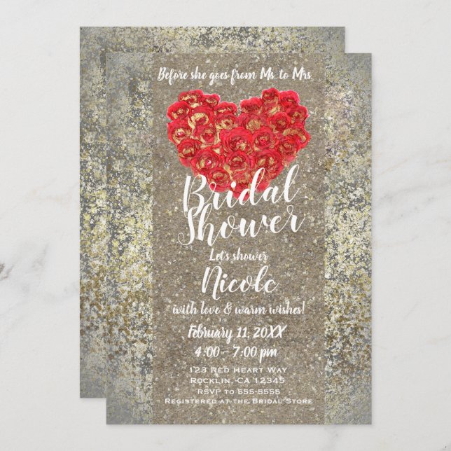 Red Gold Heart Glam Valentine Brautparty Party Einladung (Vorne/Hinten)