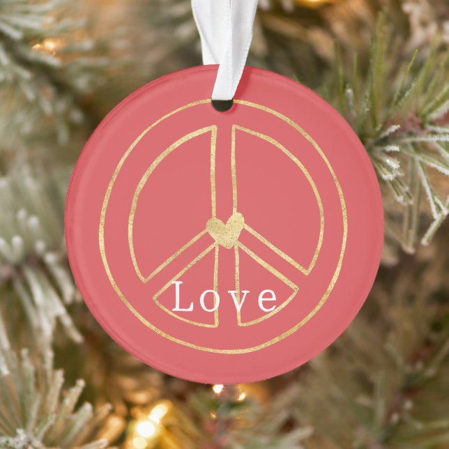 Red Gold Heart Peace Sign Love Christmas Ornament (Baum)