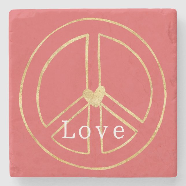 Red Gold Heart Peace Sign Love Valentine's Day Steinuntersetzer (Vorderseite)
