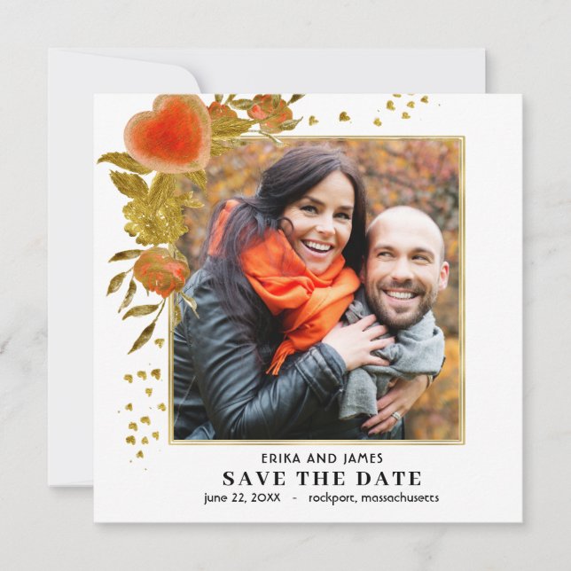 Red Gold Heart Rose Foto Save the Date (Vorderseite)
