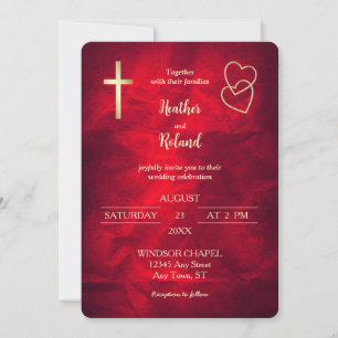 Red Gold Hearts Christlich Cross Wedding Einladung