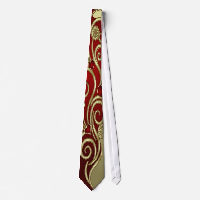Red & Gold Hearts & Scrolls Krawatte (Vorderseite)