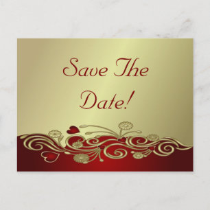 Red & Gold Hearts & Scrolls Save the Date Ankündigungspostkarte