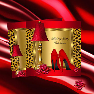 Red Gold High Heels Rose Leopard Geburtstag Party Einladung