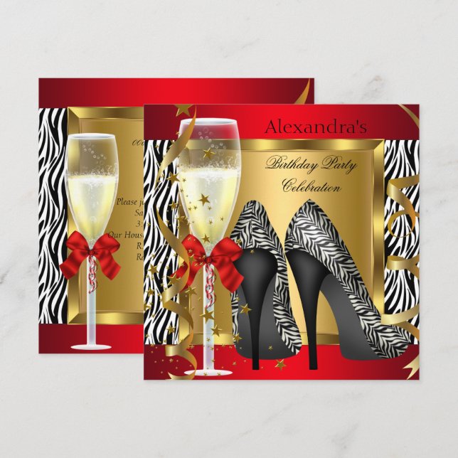 Red Gold High Heels Zebra Champagne Geburtstagspar Einladung (Vorne/Hinten)