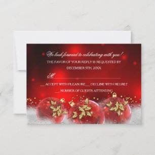 Red Gold Holly Baubles Christmas Party UAWG RSVP Karte