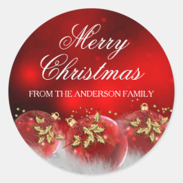 Red & Gold Holly Baubles Weihnachtsaufkleber Runder Aufkleber