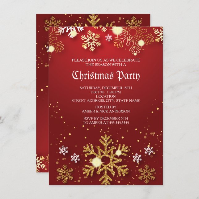 Red Gold Holly Baubles Weihnachtsfeier Einladung (Vorne/Hinten)