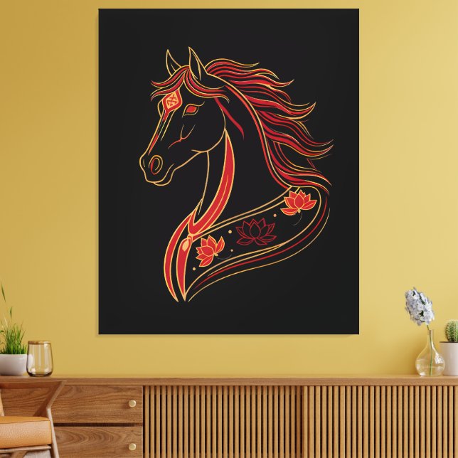 Red & Gold Horse with Lotus, Spiritual Symbolic  Leinwanddruck (Insitu (Wohnzimmer))