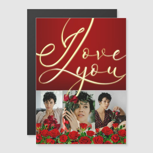 Red Gold  I Love You Red Valentine’s Photo Collage Magnetkarte (Vorne/Hinten)
