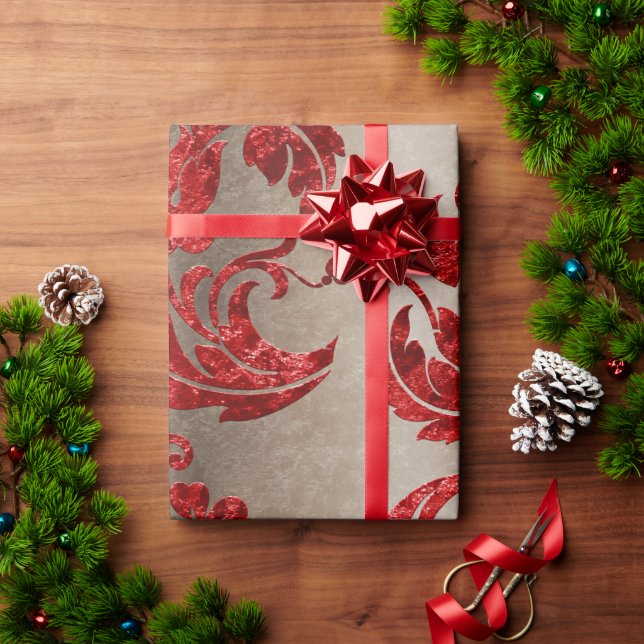 Red Gold Imitate Velvet Damask Elegante Geschenkpapier (Feiertagsgeschenk)