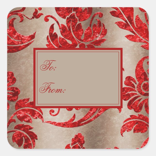 Red Gold Imitate Velvet Damask Elegantes Geschenk  Quadratischer Aufkleber (Vorderseite)