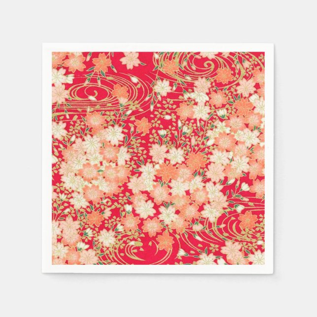 Red Gold Japanisch Kimono Blumenpapier Serviette (Vorderseite)