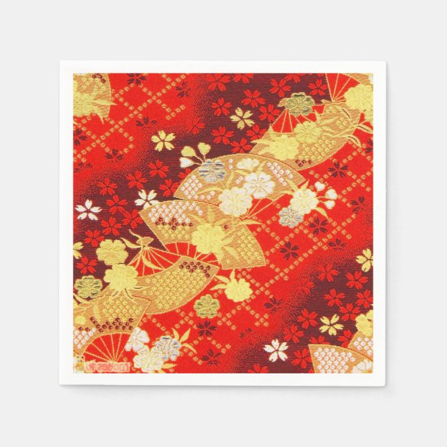 Red Gold Japanisch Kimono Blumenpapier Serviette (Vorderseite)